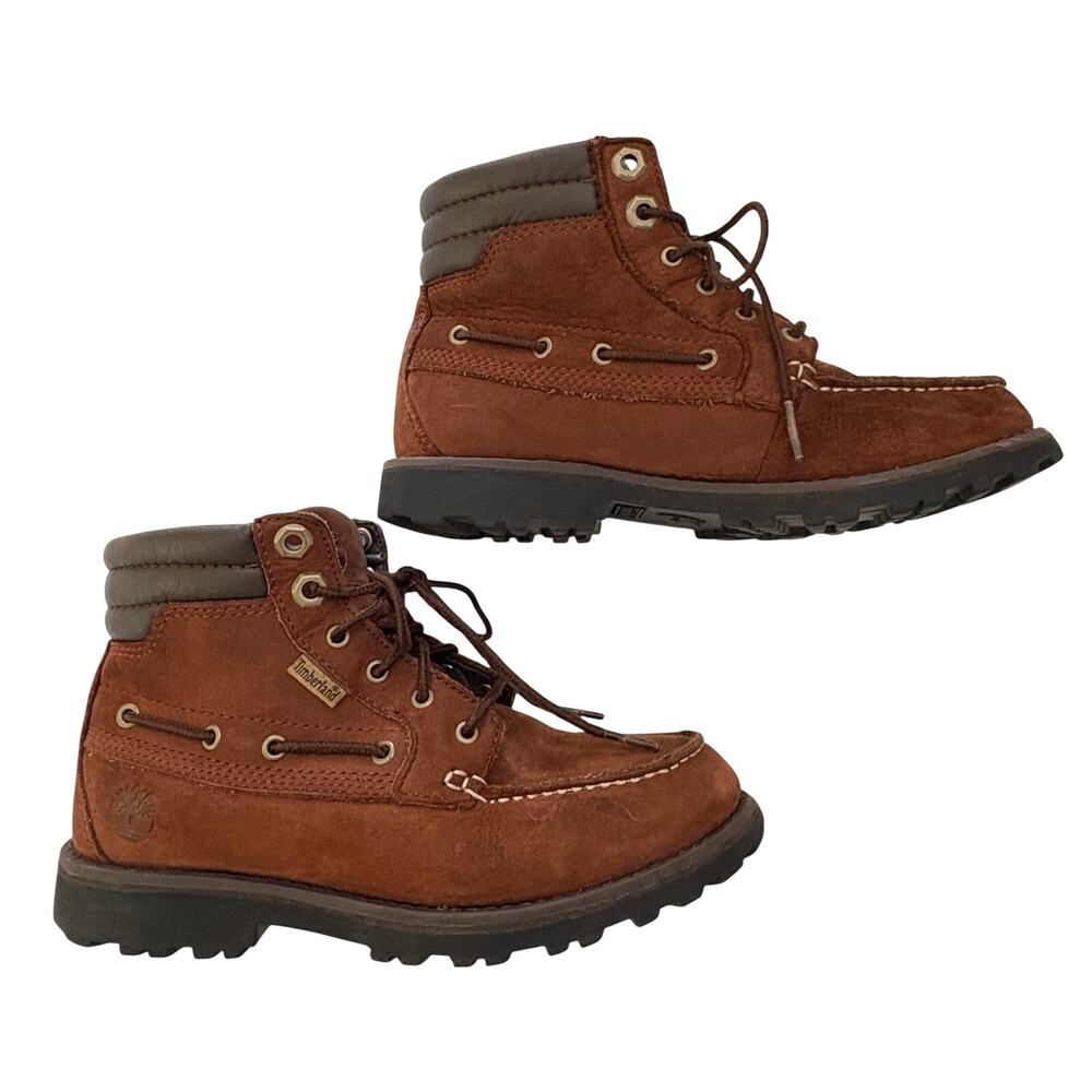 Timberland Boys Boots Size 2 Oakwell Moc-Toe Brown Nubuk Leather Lace-Up Preppy